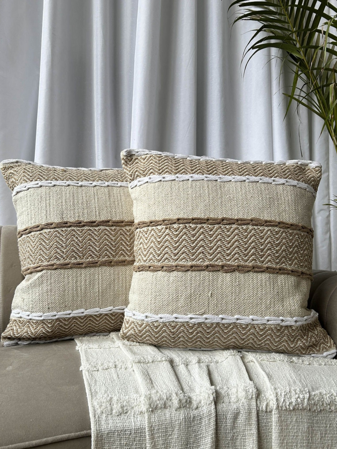 EXPORT HOUSE Brown Chevron Polyester Silk Breathable 2 Pcs Square Cushion Covers -24x24In