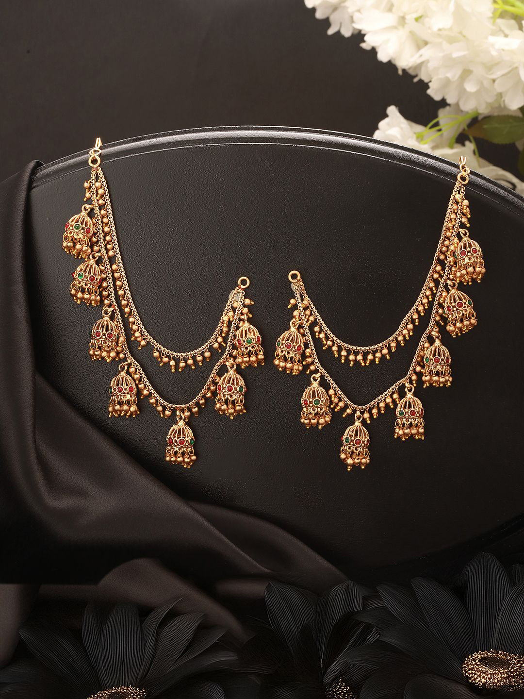 Saraf RS Jewellery Gold-Plated American Diamond Studded Dome Shaped Ear Chains