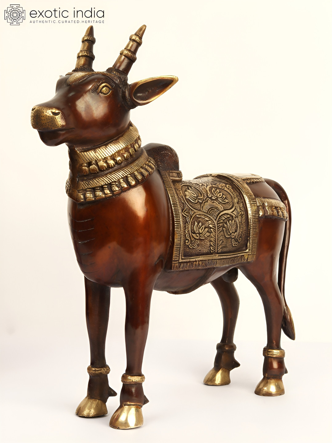 Exotic India Nandi Gold Brass Metallic Living Room Large Showpiece - 16.5 Inches