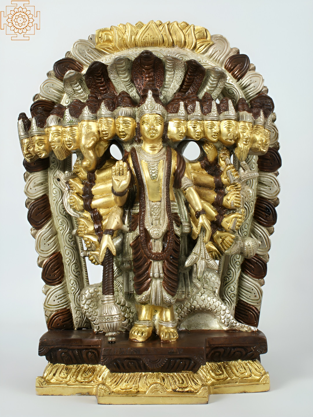 Exotic India Lord Vishnu in His Cosmic Magnification Gold Brass Metallic Prayer Room Hand Made Medium Showpiece - 11.5 Inches