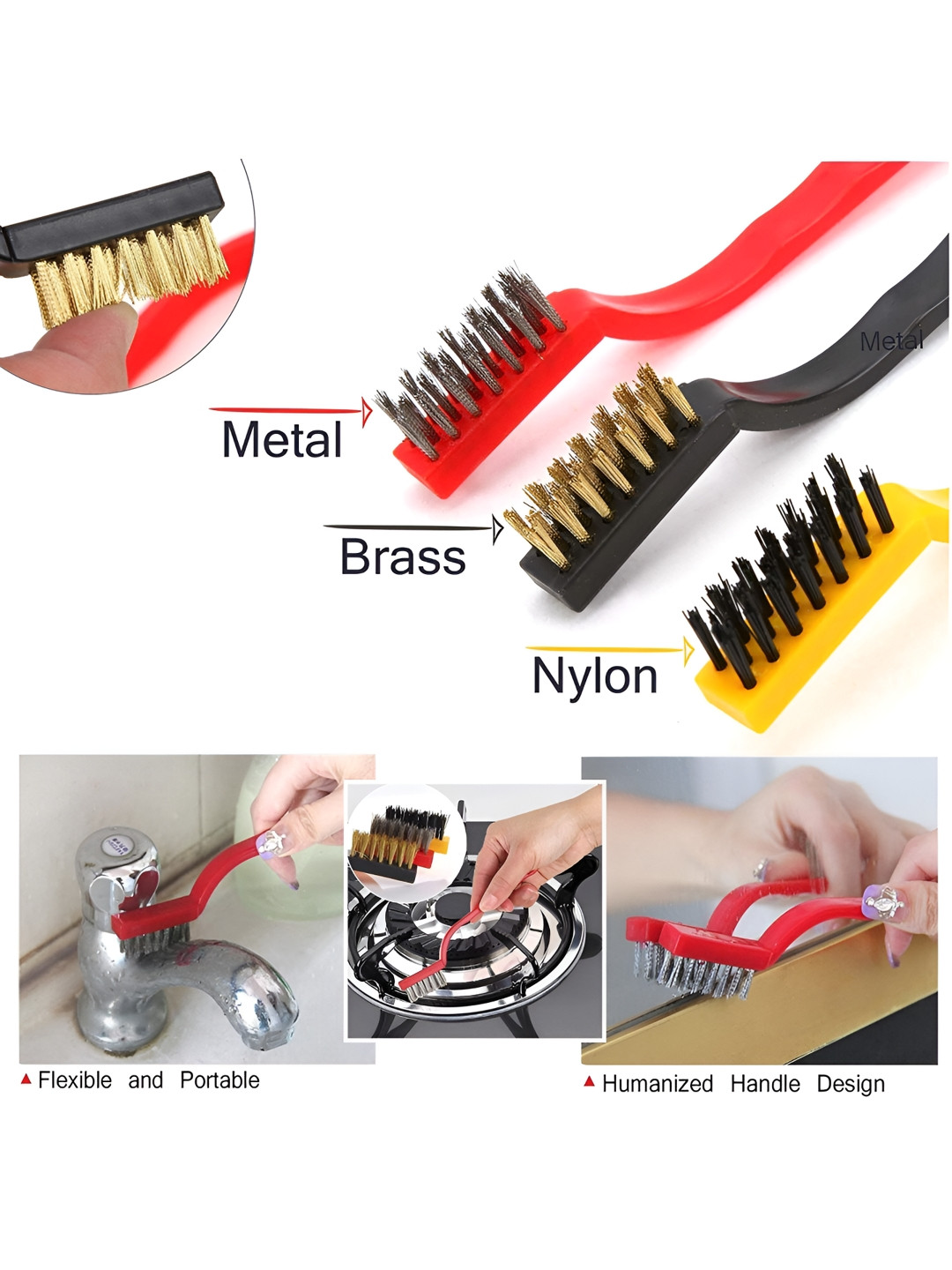 ARPANA BRIGHT Red & Black 3 Piece Cleaning Wire Brush Bath Accessories