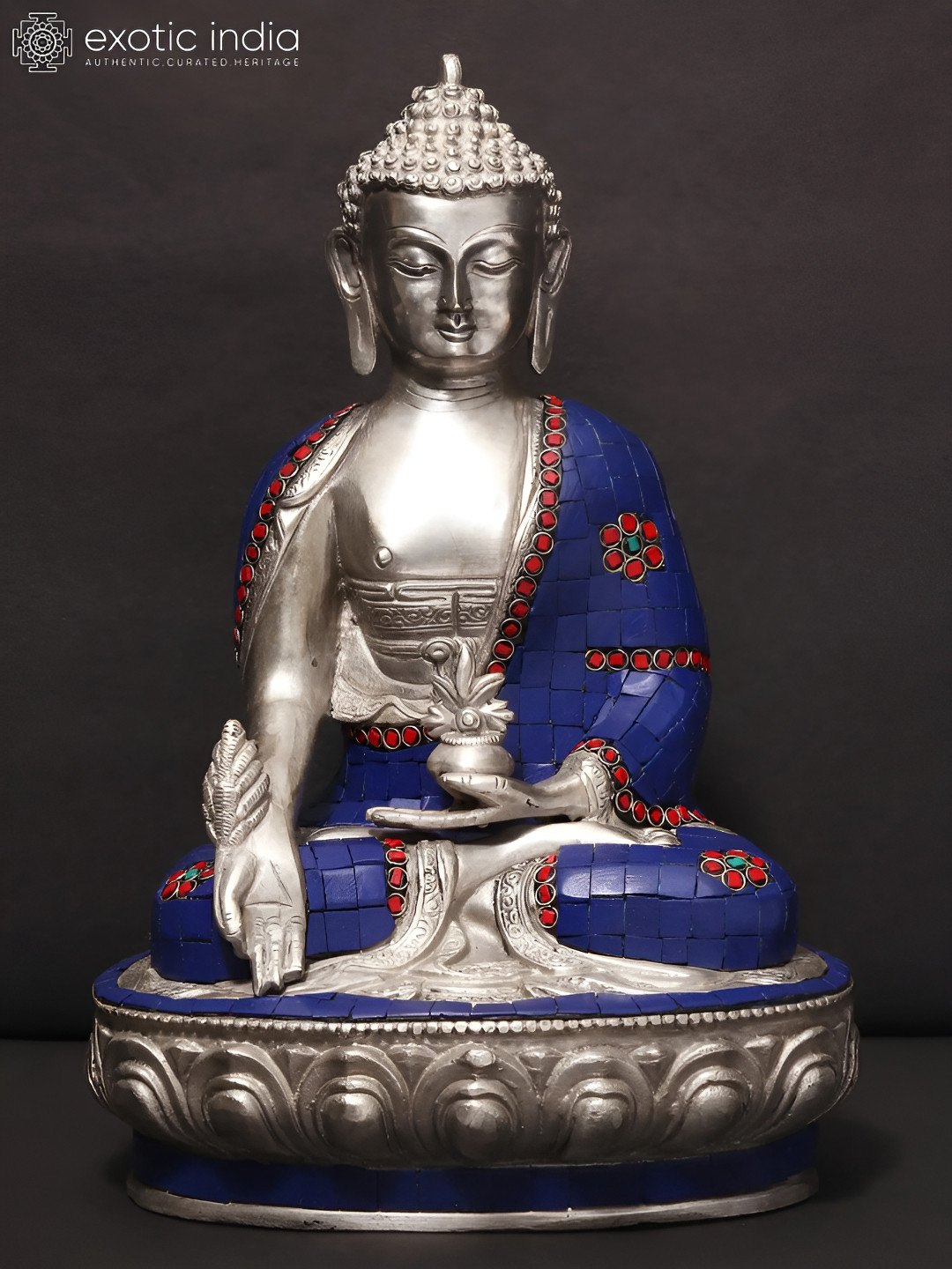 Exotic India Medicine Buddha Silver Brass Metallic Living Room Medium Showpiece - 12.5 Inches
