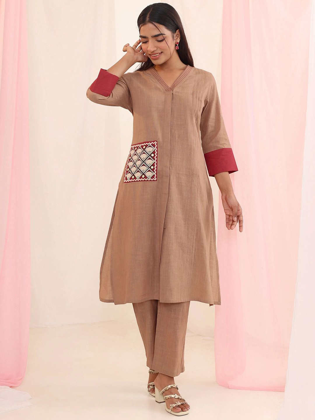 AUTUMN LANE Purna Mousse V-Neck Pure Cotton Kurta with Trousers