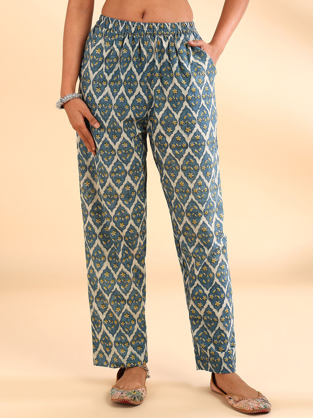 Tahiliya Blue Yellow Ajrakh Printed Farsi Pants