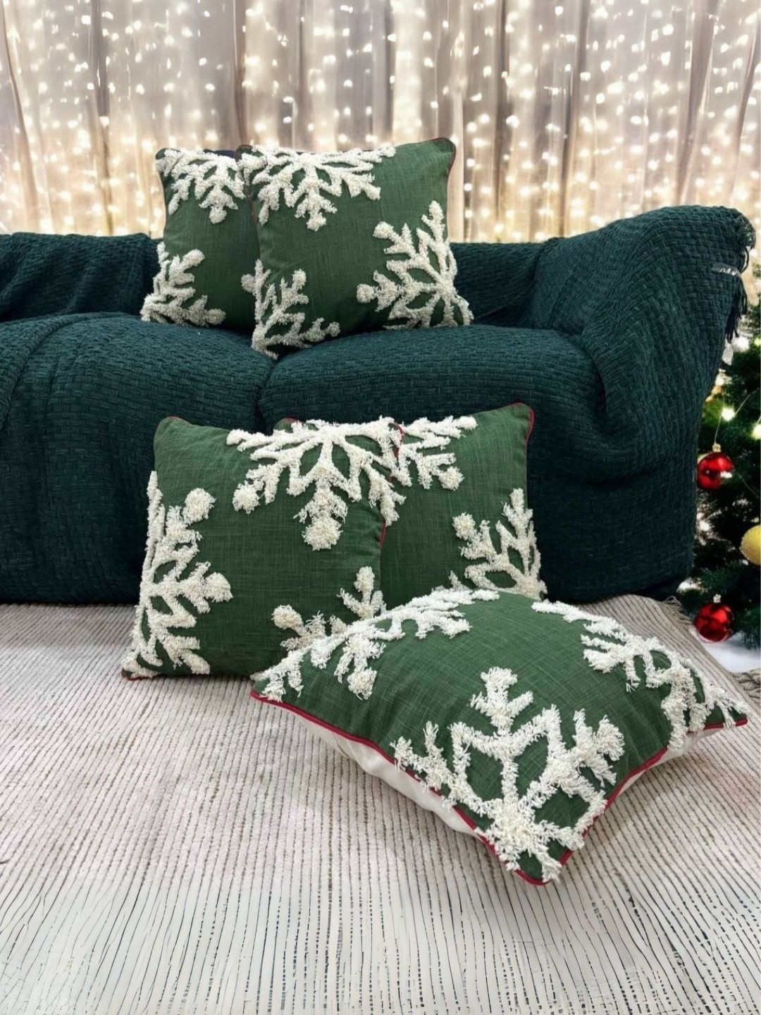 LUSHLYF Evergreen Green & White 5 Pieces Snowflake Embroidered Square Cushion Covers