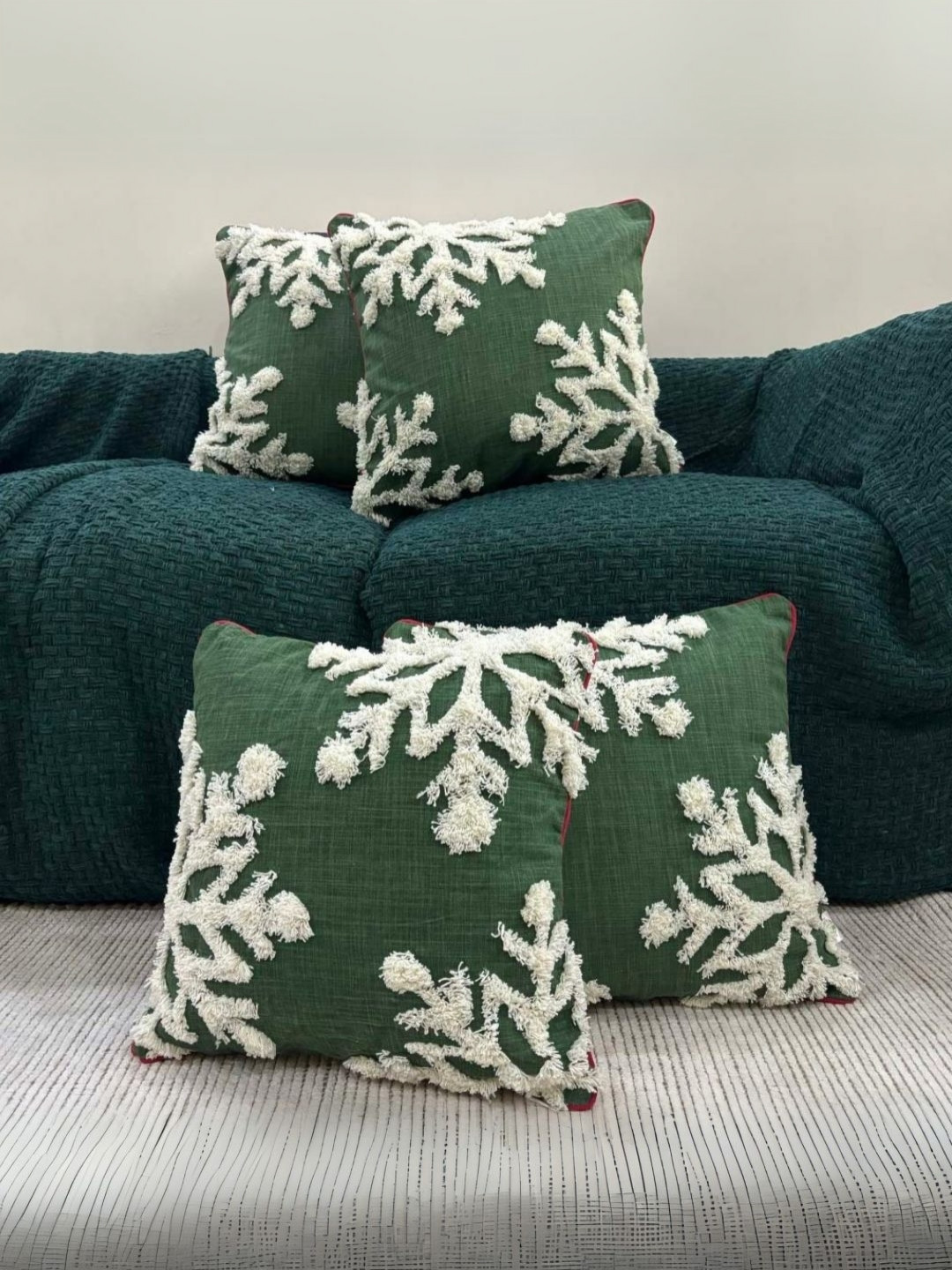 LUSHLYF Evergreen Green Cotton 4 Piece Embroidered Square Cushion Covers -18x18In