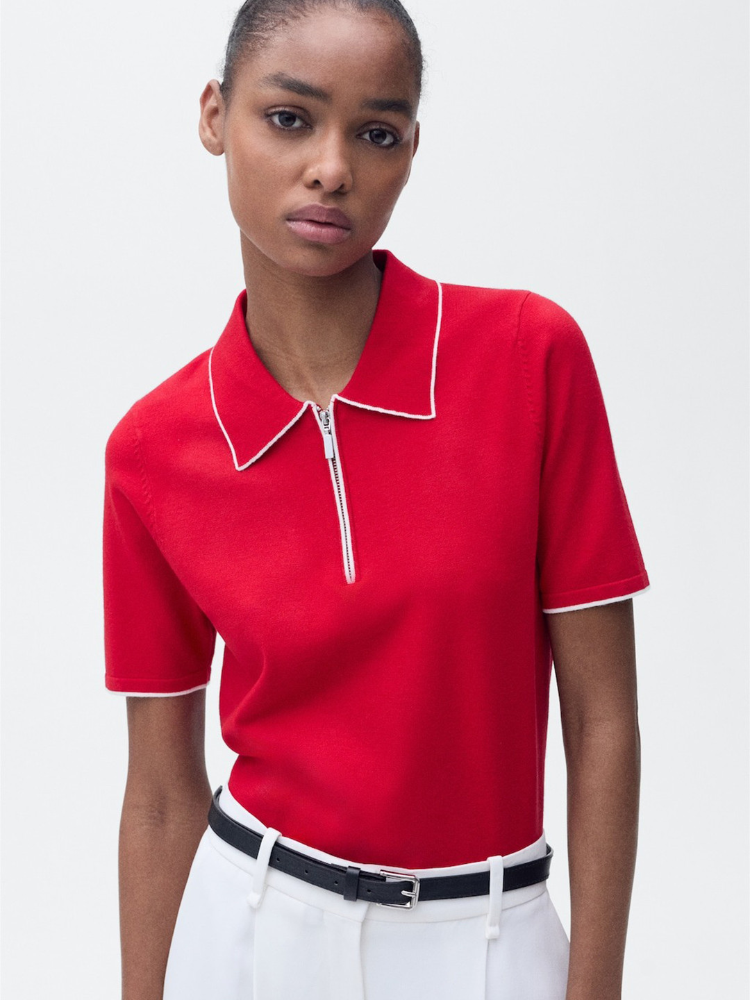 MANGO Half-Zippered Polo Collar Knitted T-shirt