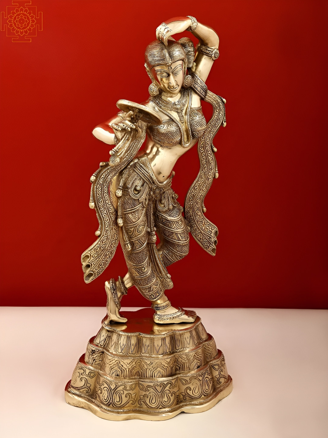 Exotic India A Young Lady Applying Vermilion Gold Brass Metallic Living Room Extra Large Showpiece - 24.4 Inches