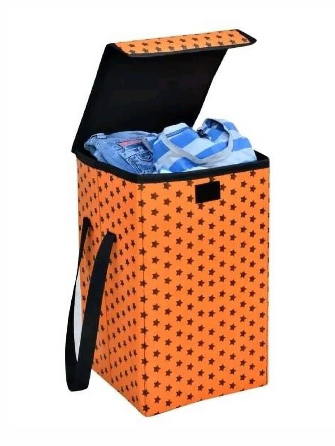 Aura Orange Coloured Star Printed Foldable Laundry Bag with Lid & Handles-75 l