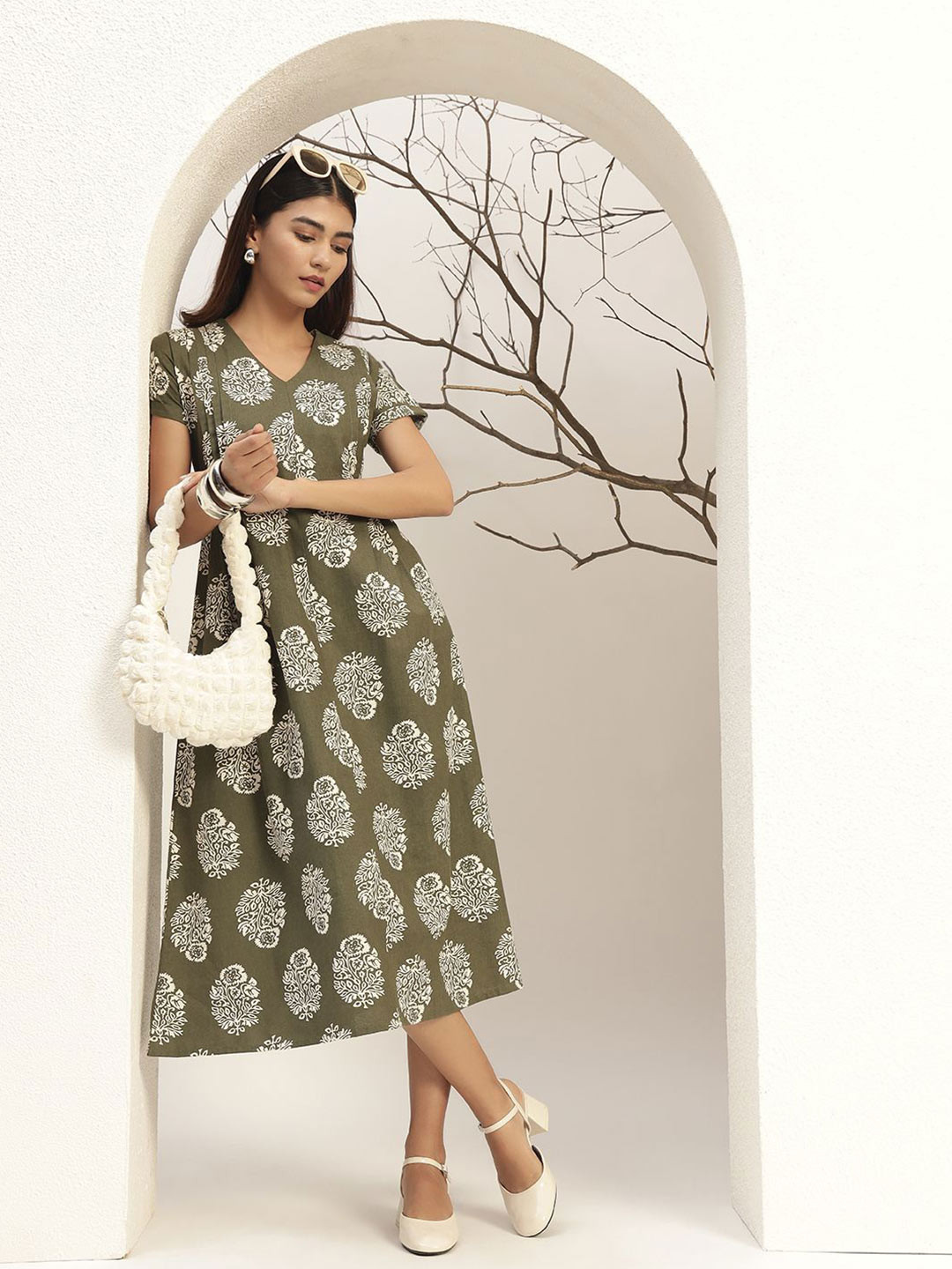 Bani Women Olive Green Printed A-Line Mixi Length Dress