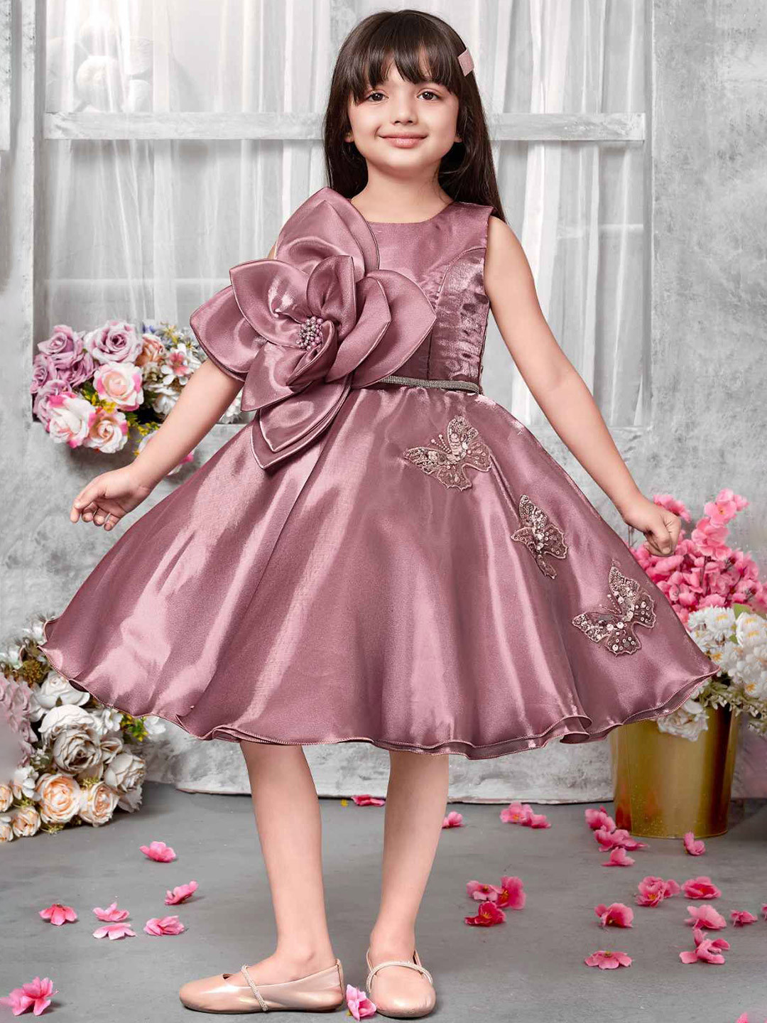 Lagorii Girls Pink Party Frock With Big Flower and Butterfly Design