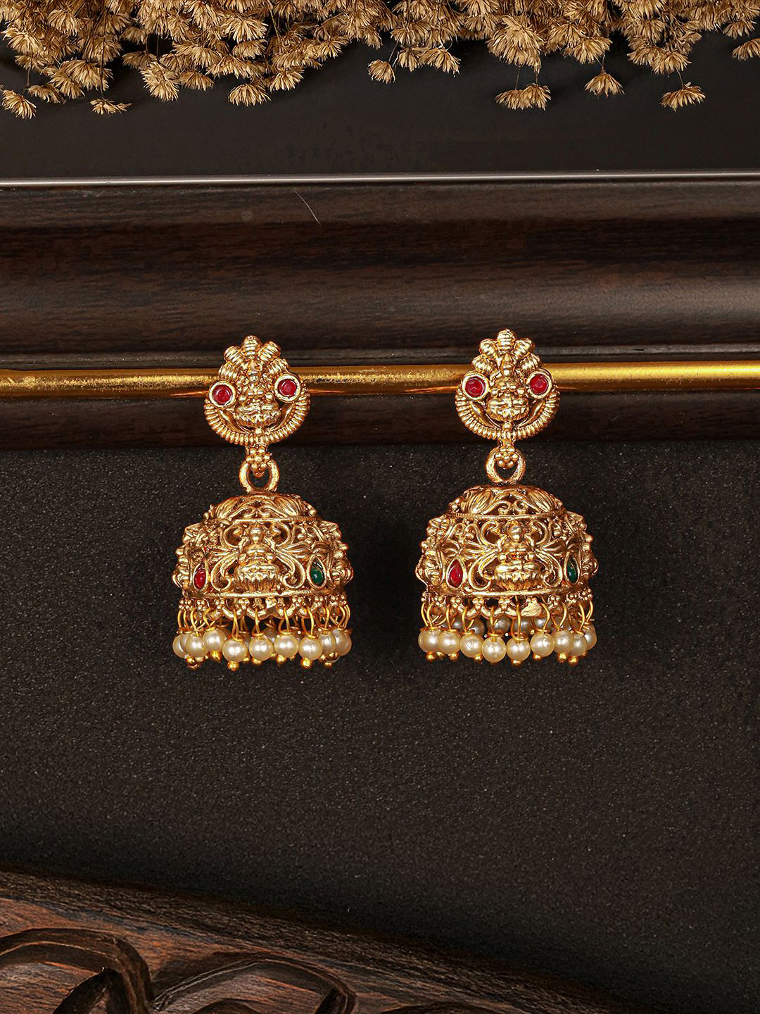 Saraf RS Jewellery Gold-Plated Kempo Studded And Beaded Goddess Lakshi Jhumkas