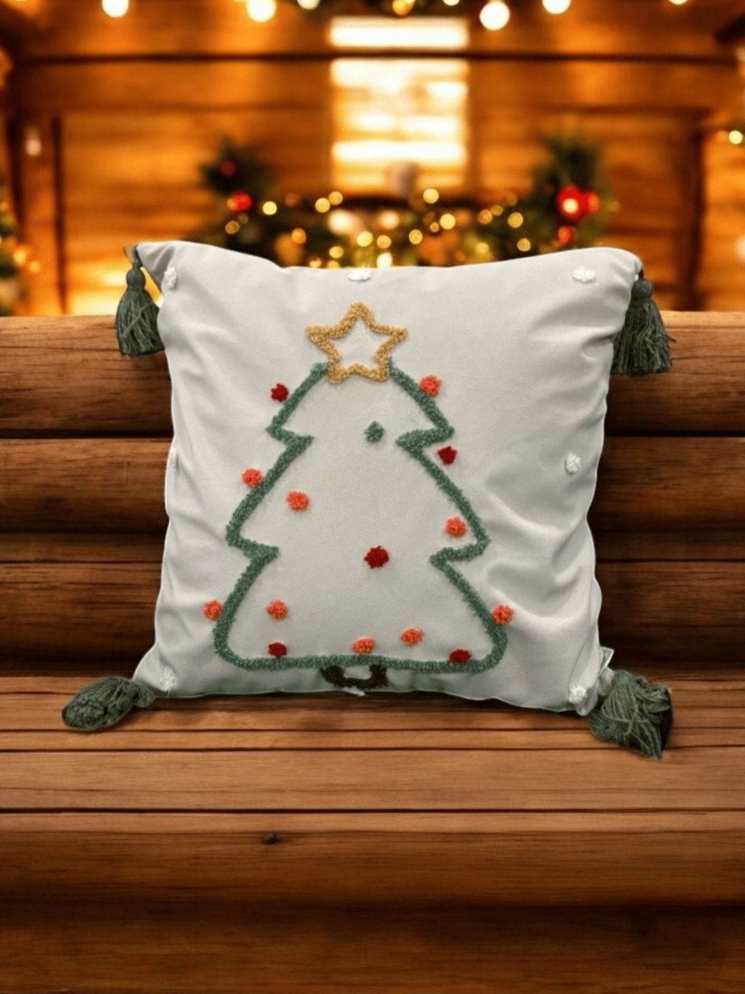 LUSHLYF Starry Tree Tassel Embroidered Cotton 2 Pcs Square Cushion Covers - 17.7 x 17.7 In