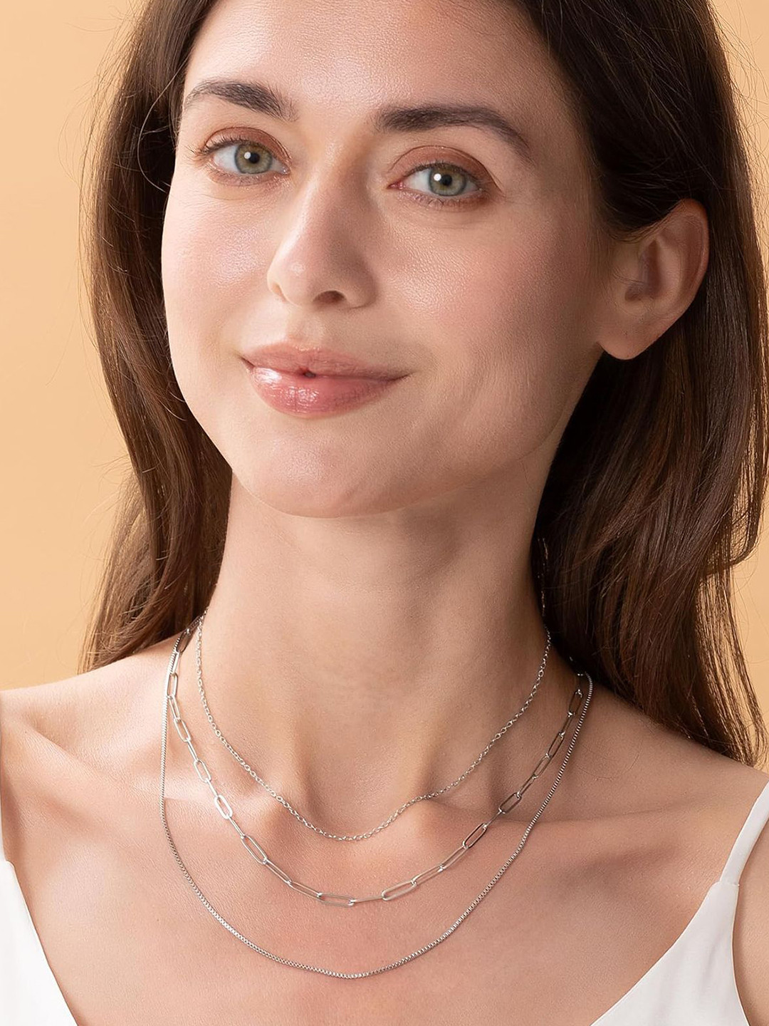 VAMA Set of 3 Stainless Steel 14KT Silver-Plated Paper Cable Box Chains