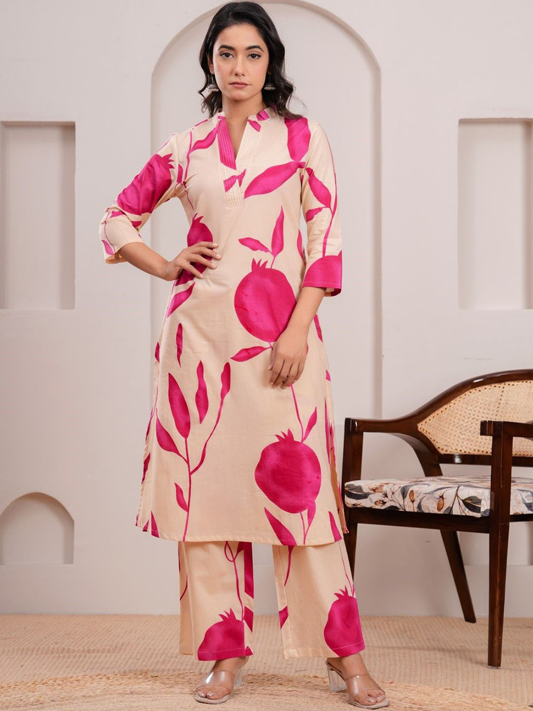AUTUMN LANE Maurya Bubblegum Floral Printed Pure Cotton Kurta With Palazzos