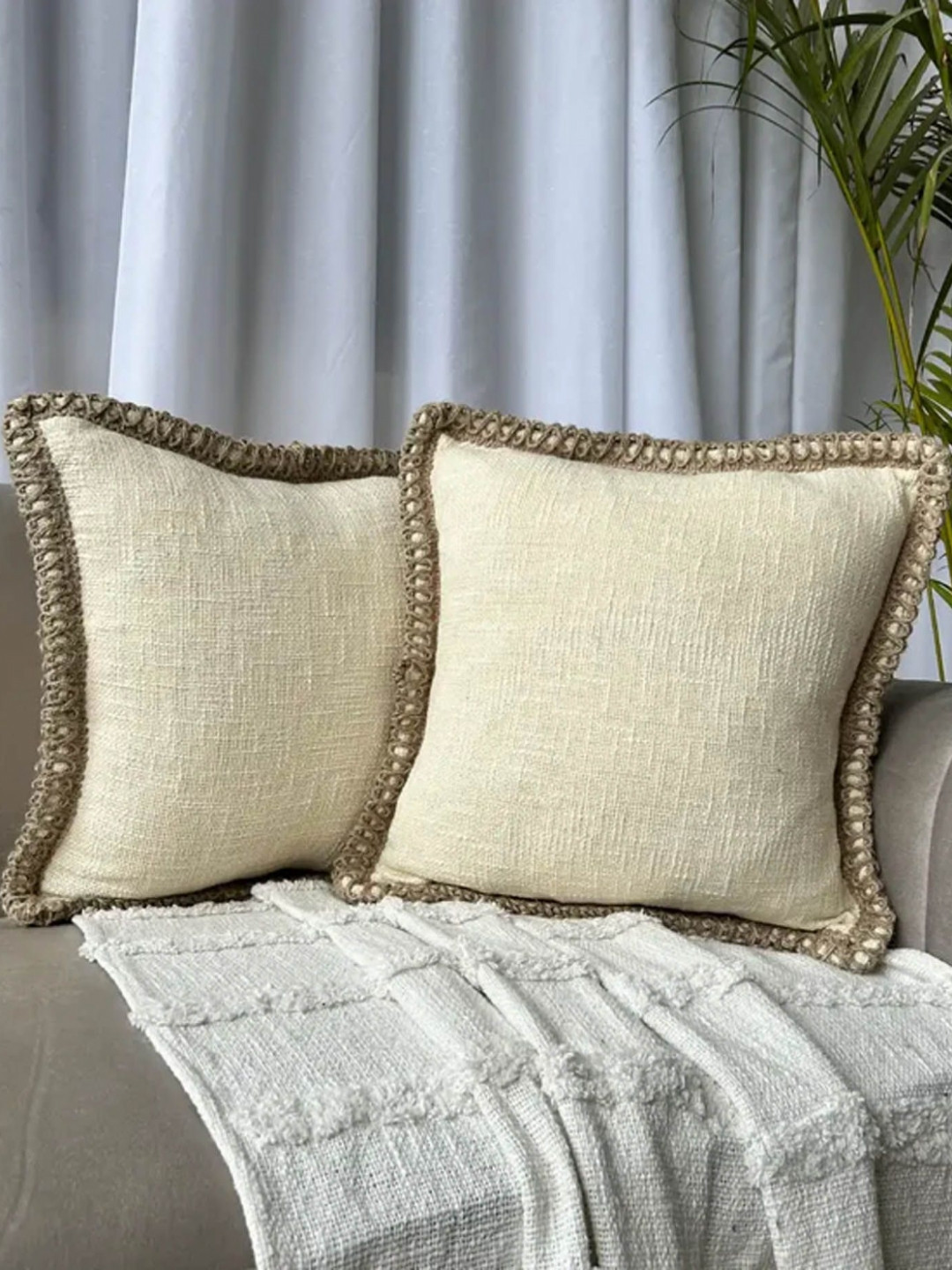EXPORT HOUSE Breathable Cotton 2 Pcs Textured Square Cushion Covers - 15.7 x 15.7 In