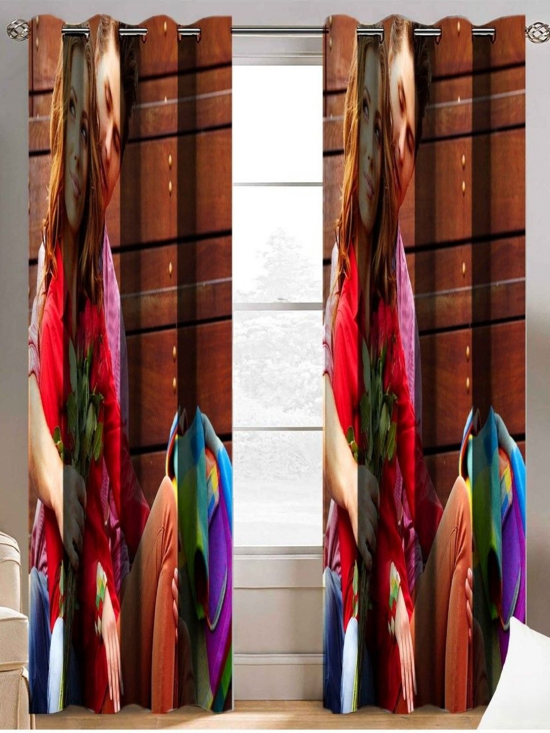 Aura Red & Rust 2 Pieces Floral Printed Long Door Curtains