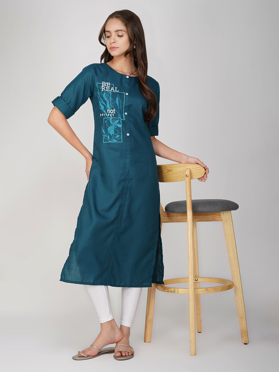 Rootover 30 Women Roll-Up Sleeves Round Neck Kurta