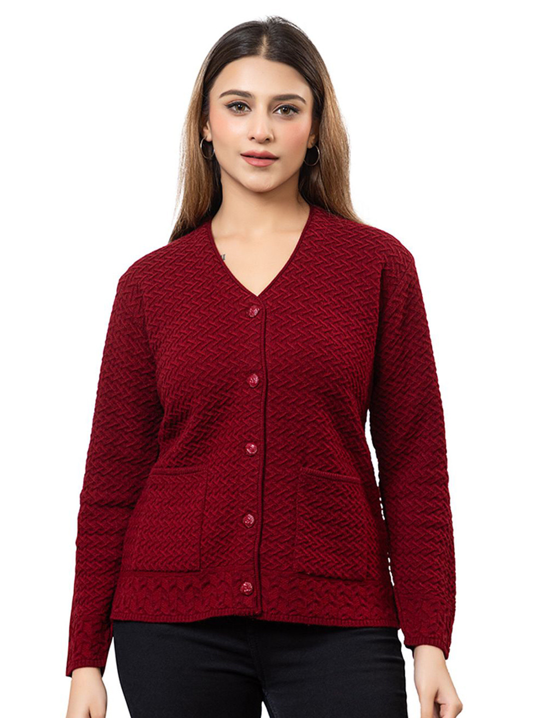 TWENTY ME Women Woollen V-Neck Long Sleeves Cardigan