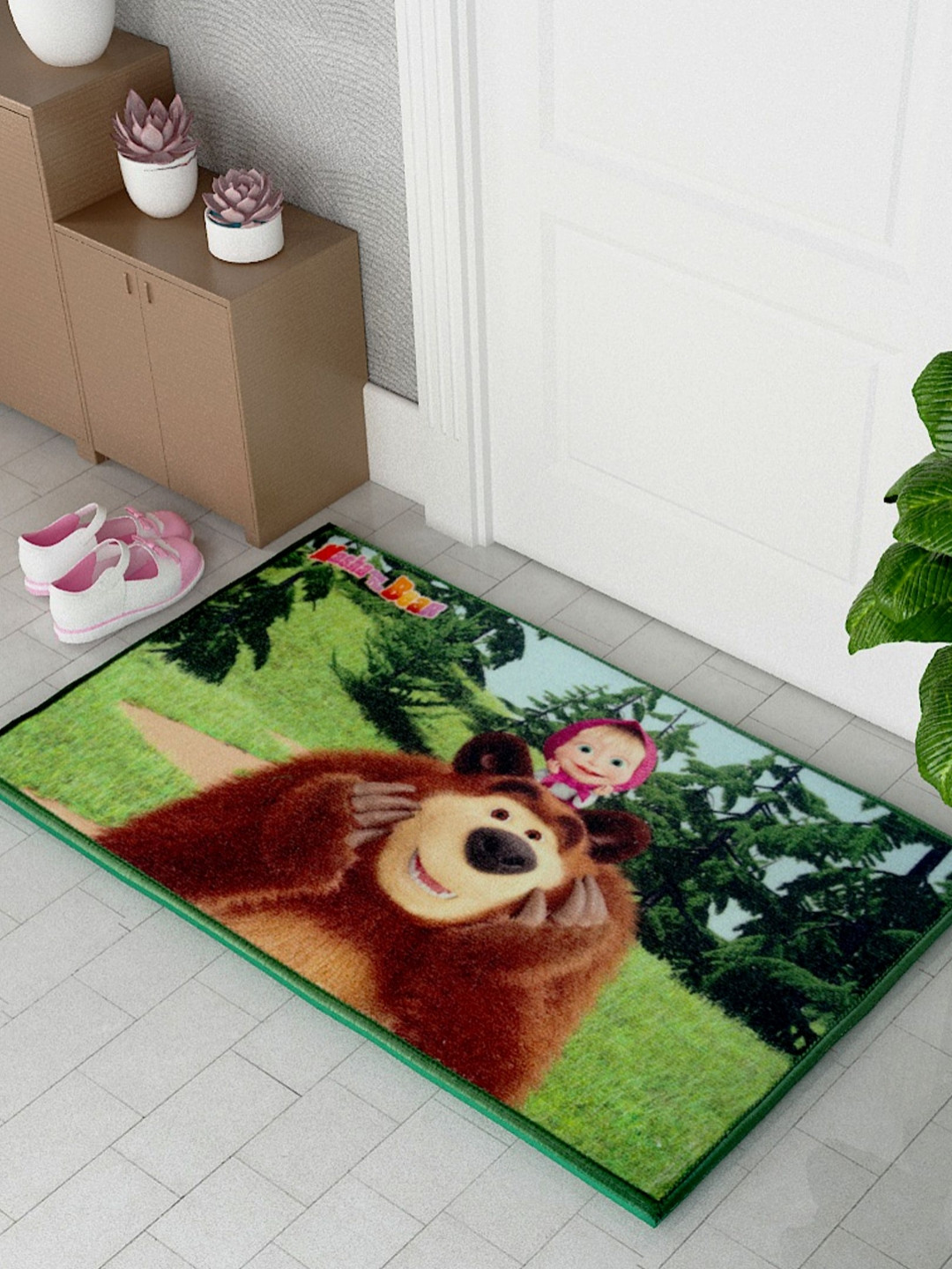 Athom Living Green & Brown Masha & The Bear Character Printed Anti-Skid Doormats