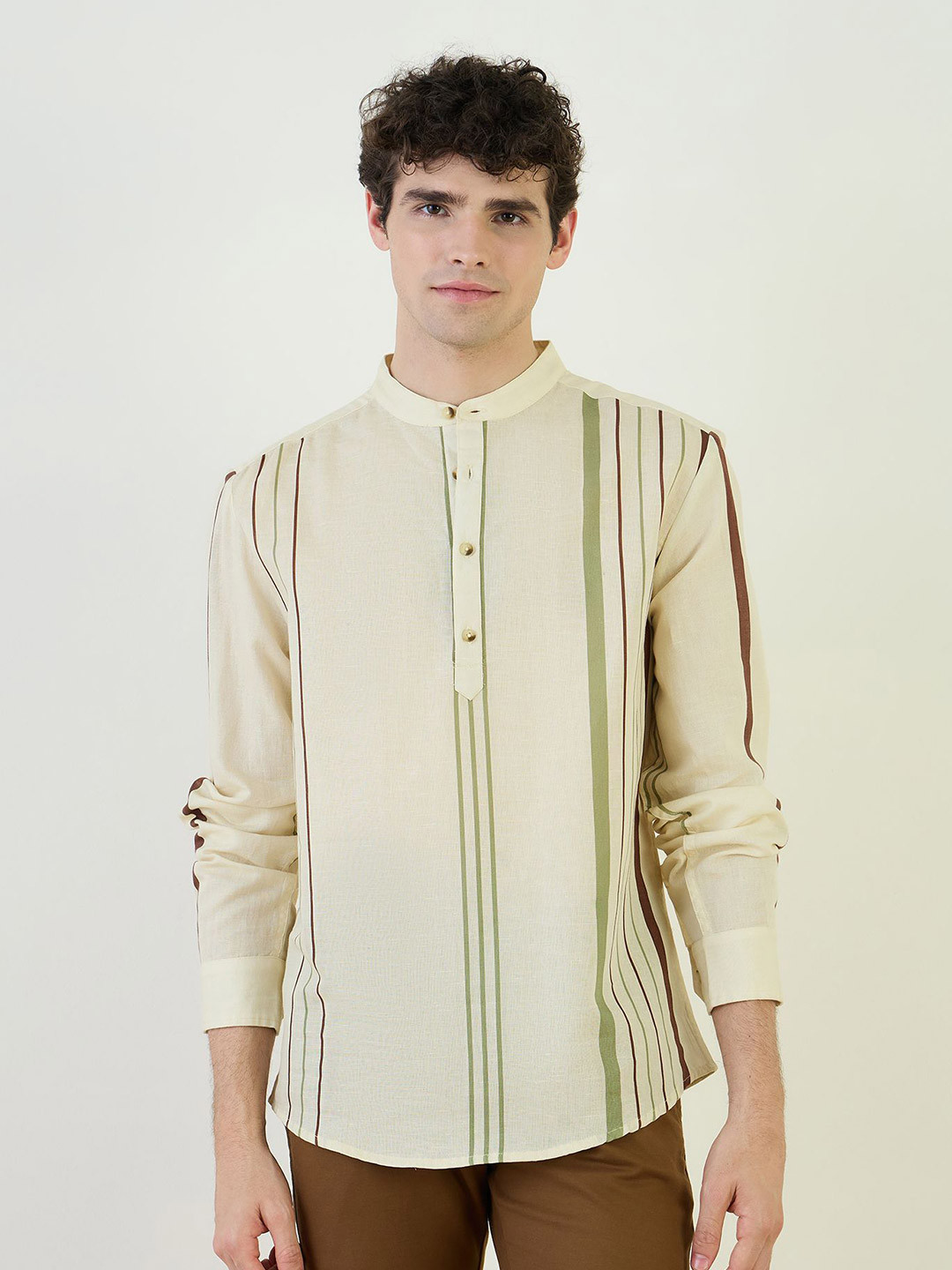 Iconic Striped Band Collar Regular Fit Shirt