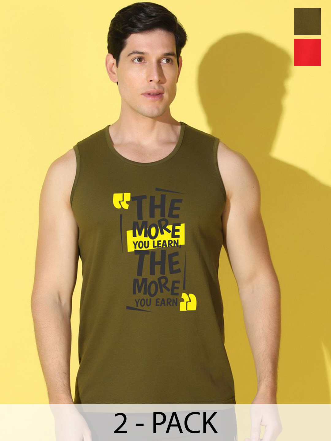 WOOSTRO Pack Of 2 Printed Combed Cotton Gym Vests VWS26(MORE OLIVE)(PLAIN RED)