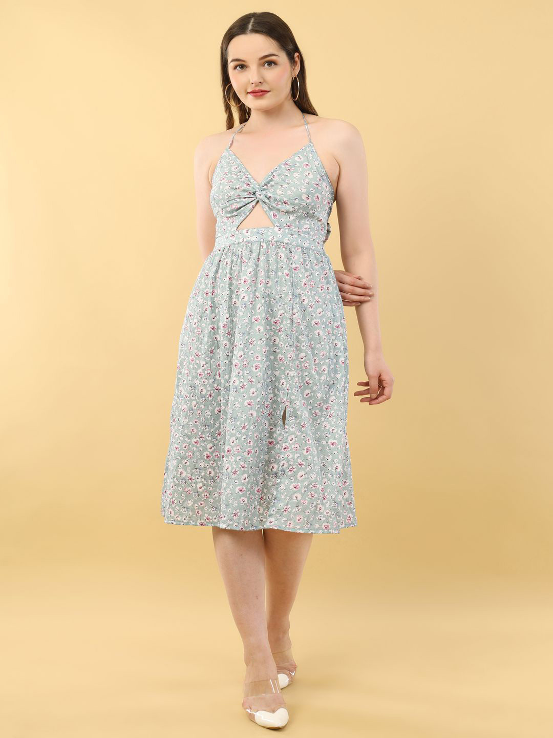 Ekika Women Floral Print Cut-Outs Detail Halter Neck Fit & Flare Dress