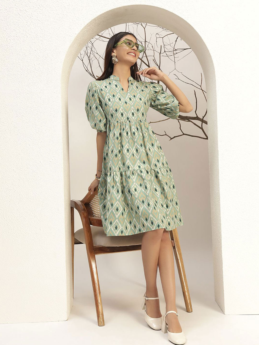 Bani Women Green Color Printed Fit & Flare Casual Knee Length Dress