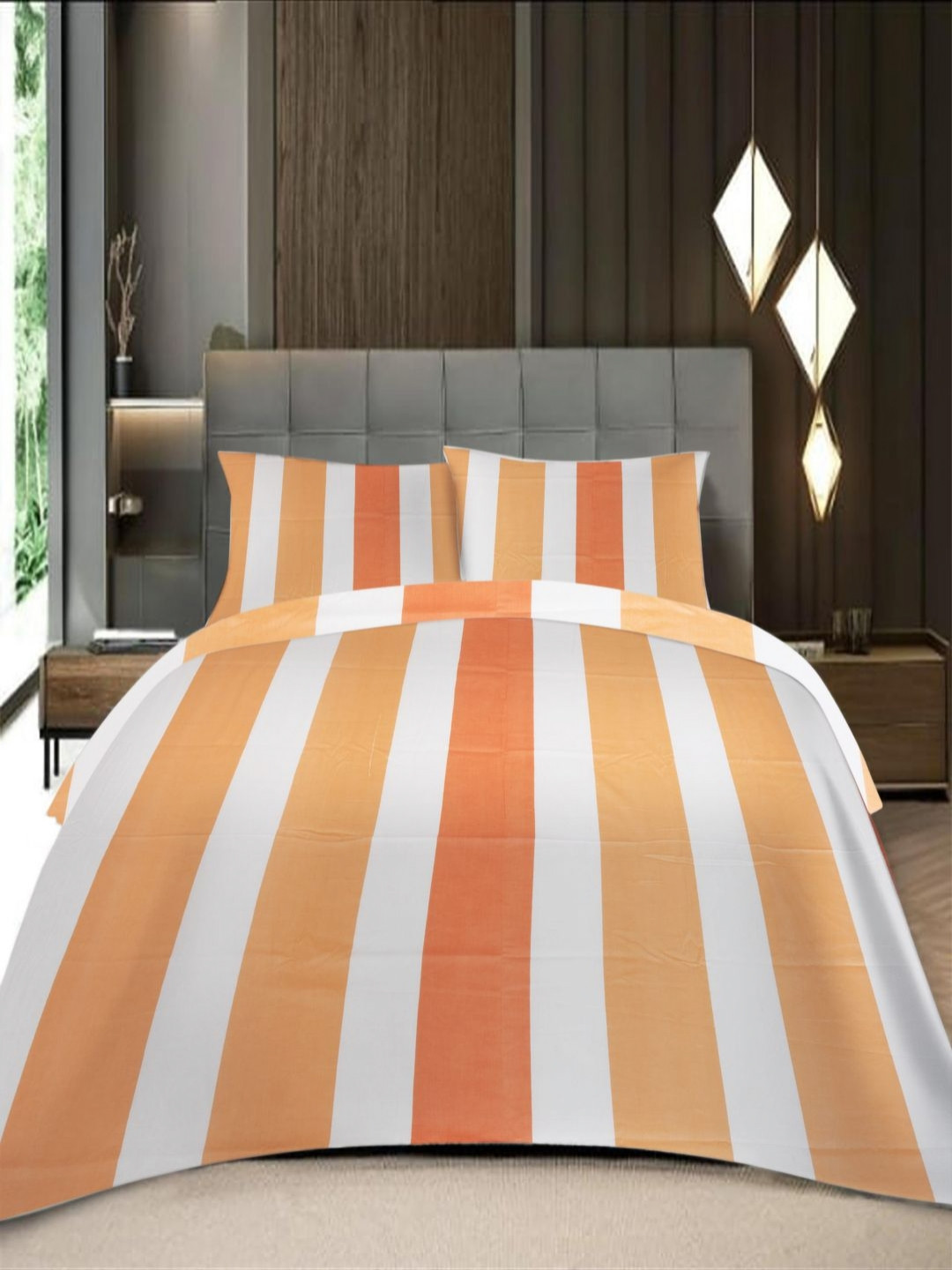 Threadwear Essential Series Orange Striped Cotton 400 TC Queen Superfine Bedsheet with 2 Pillow Covers-100 x 93 inches