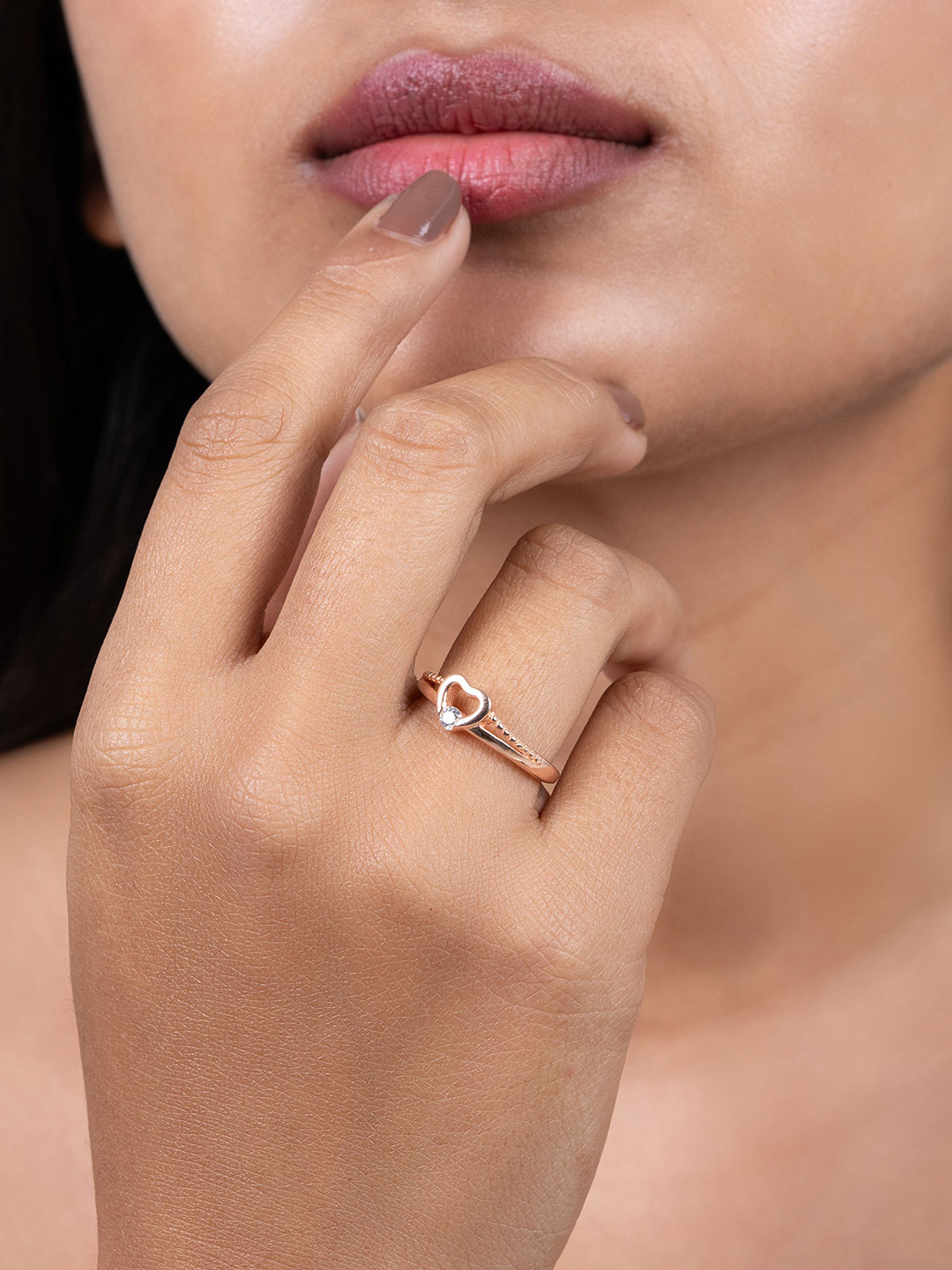 PRINTICOX Rose Gold-Plated Stone Studded Adjustable Cherished Heart Solitaire Finger Ring