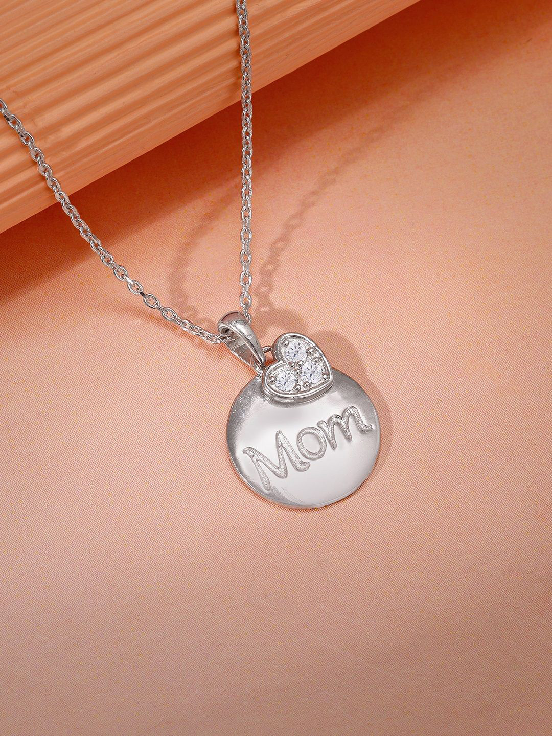GIVA 925 Silver Rhodium Plated Zircon Studded Love For Mom Pendant With Link Chain