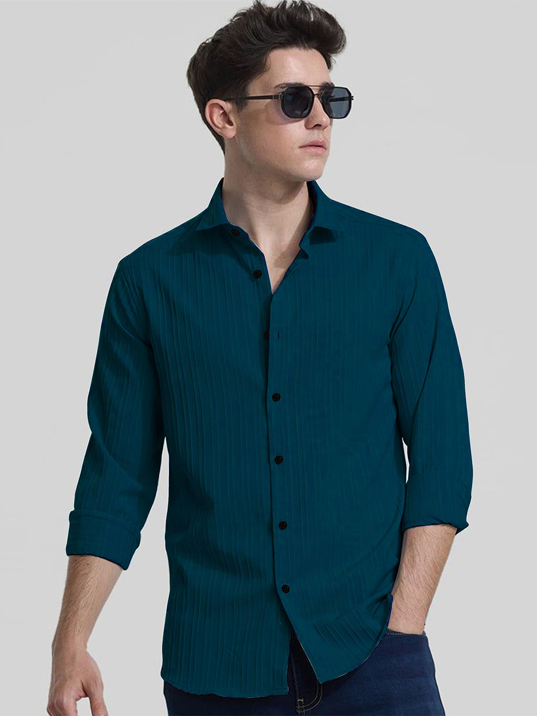 SZN Men Standard Fit Solid Spread Collar Cotton Casual Shirt