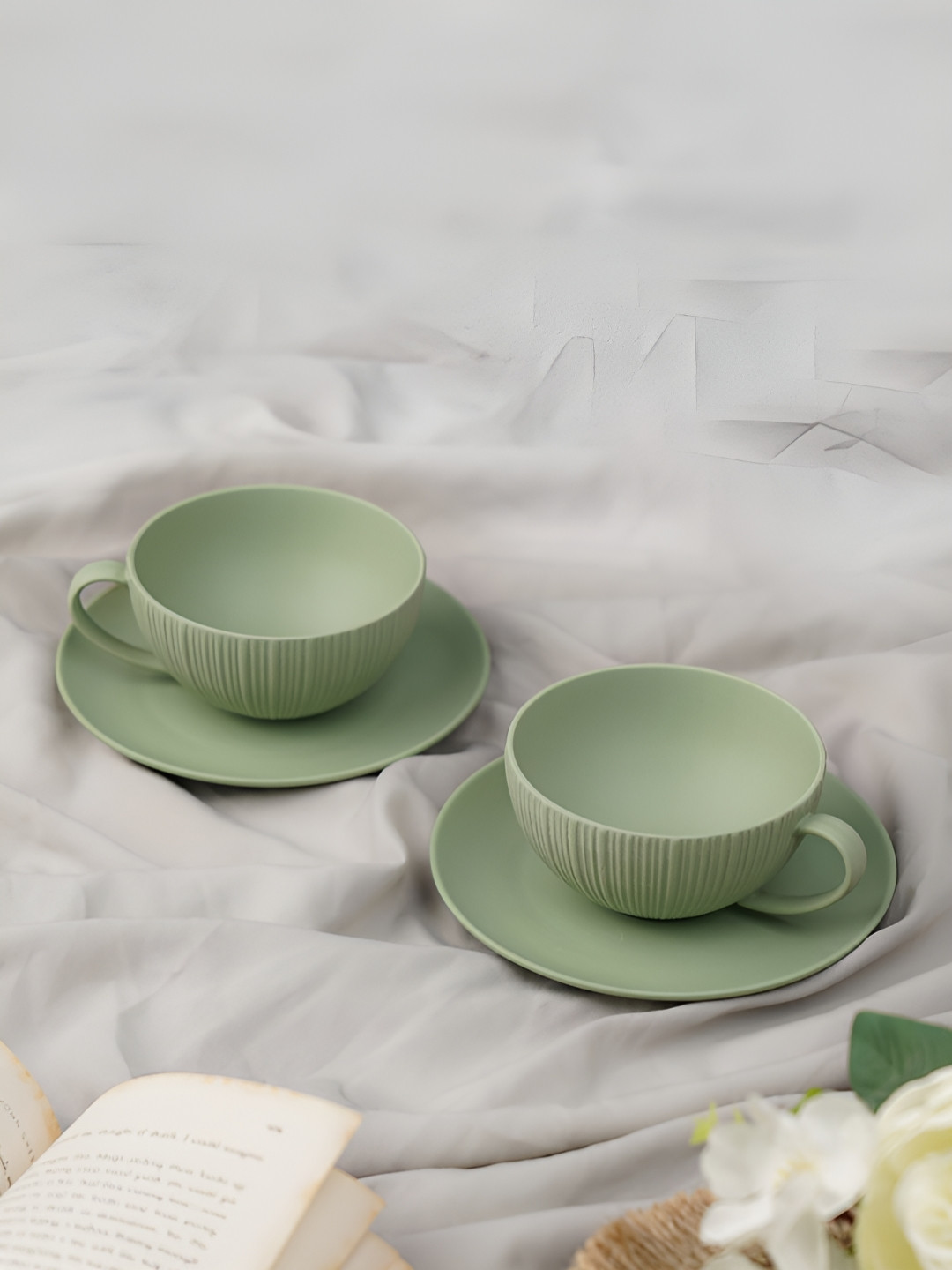 Vola Global LLP Most Aesthetic Green Striped Porcelain Microwave Safe 4 Piece Cups-100ml