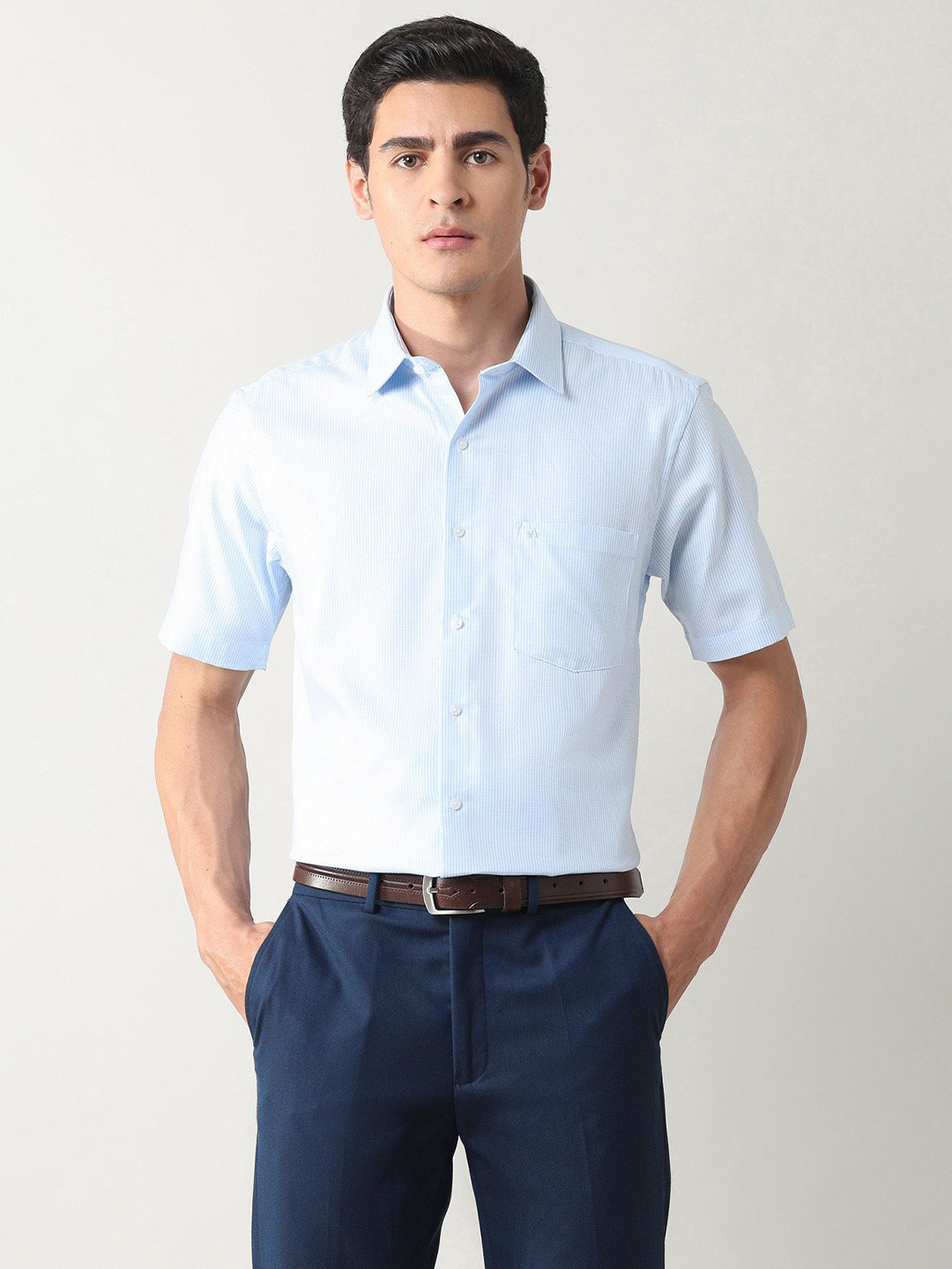 Arrow Self Design Spread Collar Short Sleeves Classic Formal Cotton Shirt