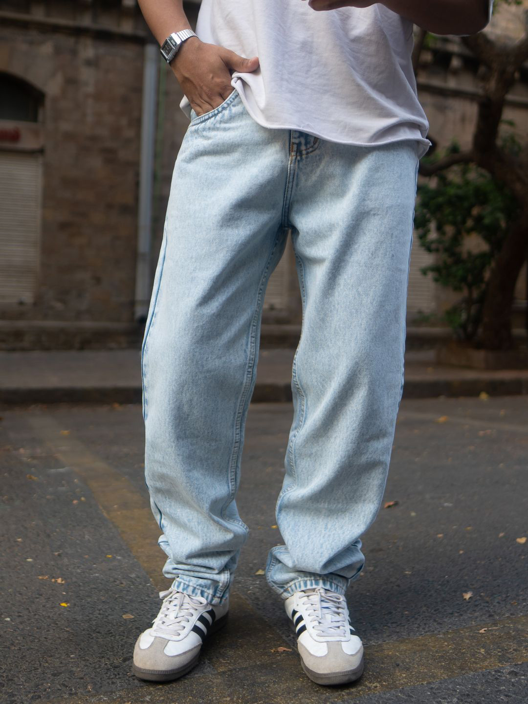 Powerlook Men Pure Cotton Ice Blue Washed Baggy Jeans