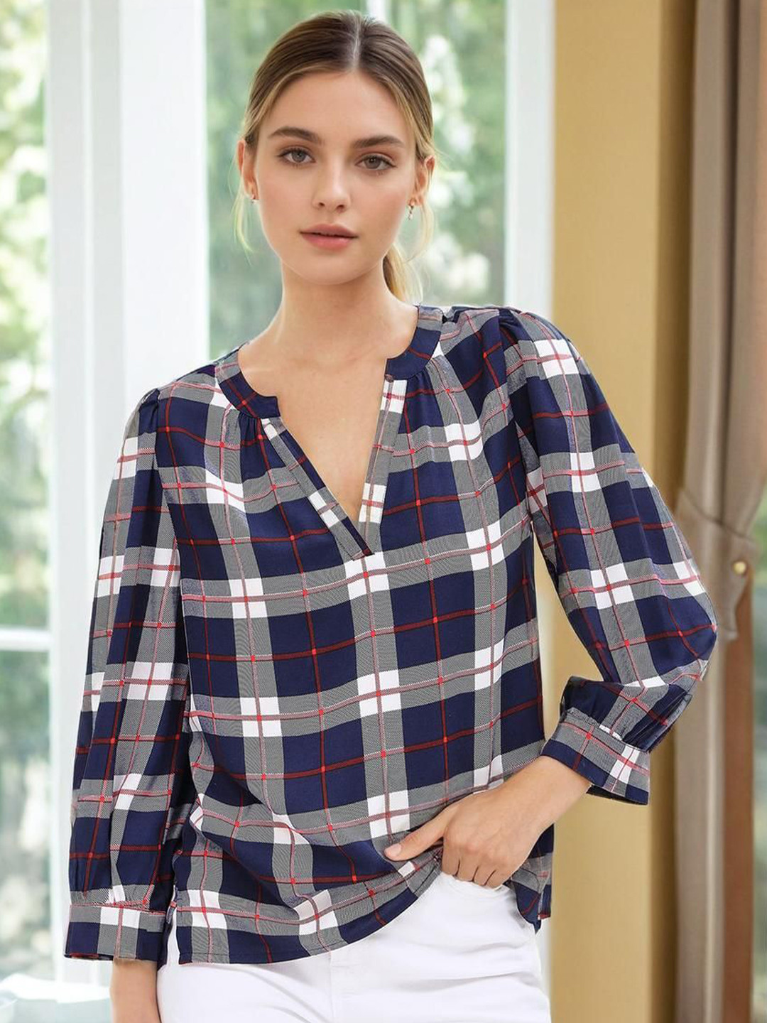 Stylecast X Slyck Women Checked V-Neck Puff Sleeve Blouson Top