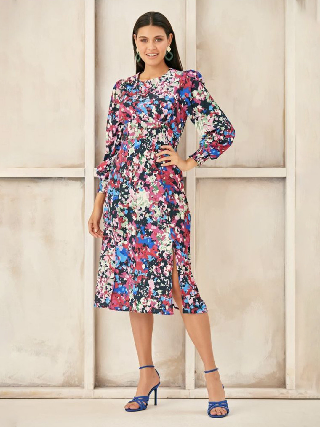 Greenishpink Abstract Printed Bell Sleeve A-Line Midi Dress