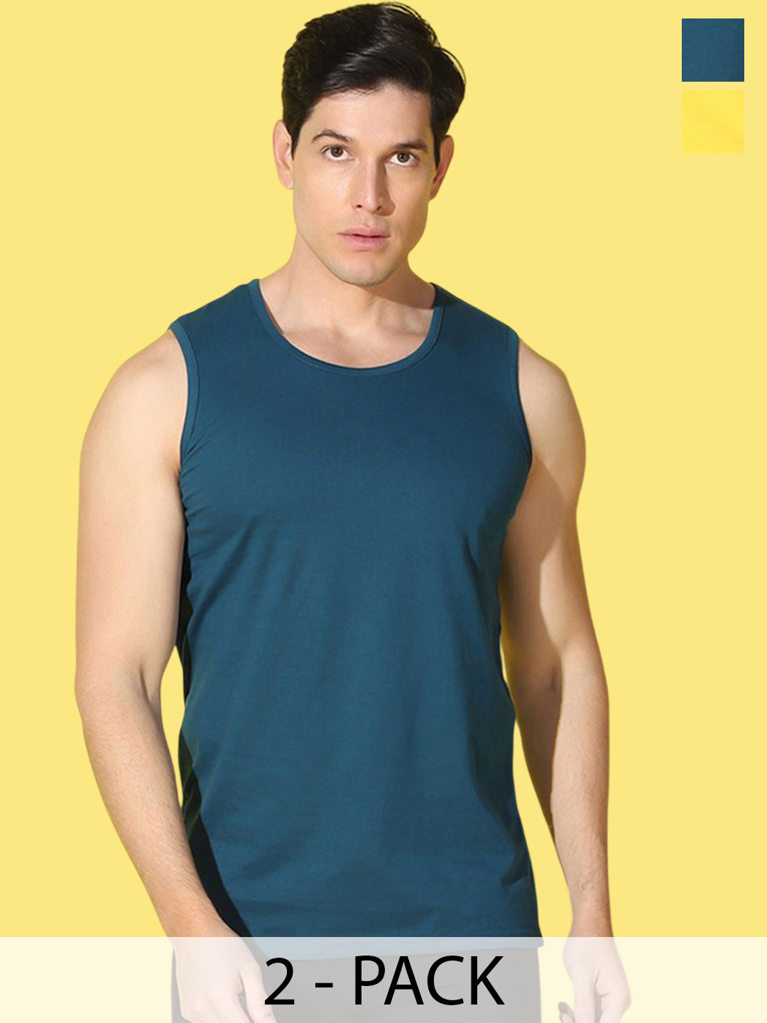 Woostro Pack Of 2 Ultra-Soft Gym Vests VWS26(98 YELLOW)(PLAIN PEACOCK)