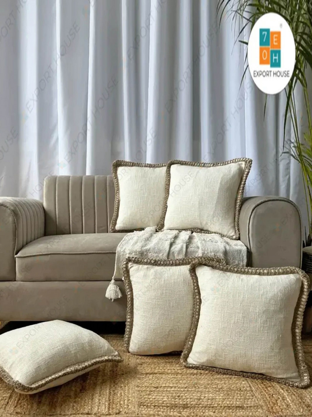 EXPORT HOUSE White Cotton Ultra Soft 5 Piece Textured Square Cushion Covers -20x20In
