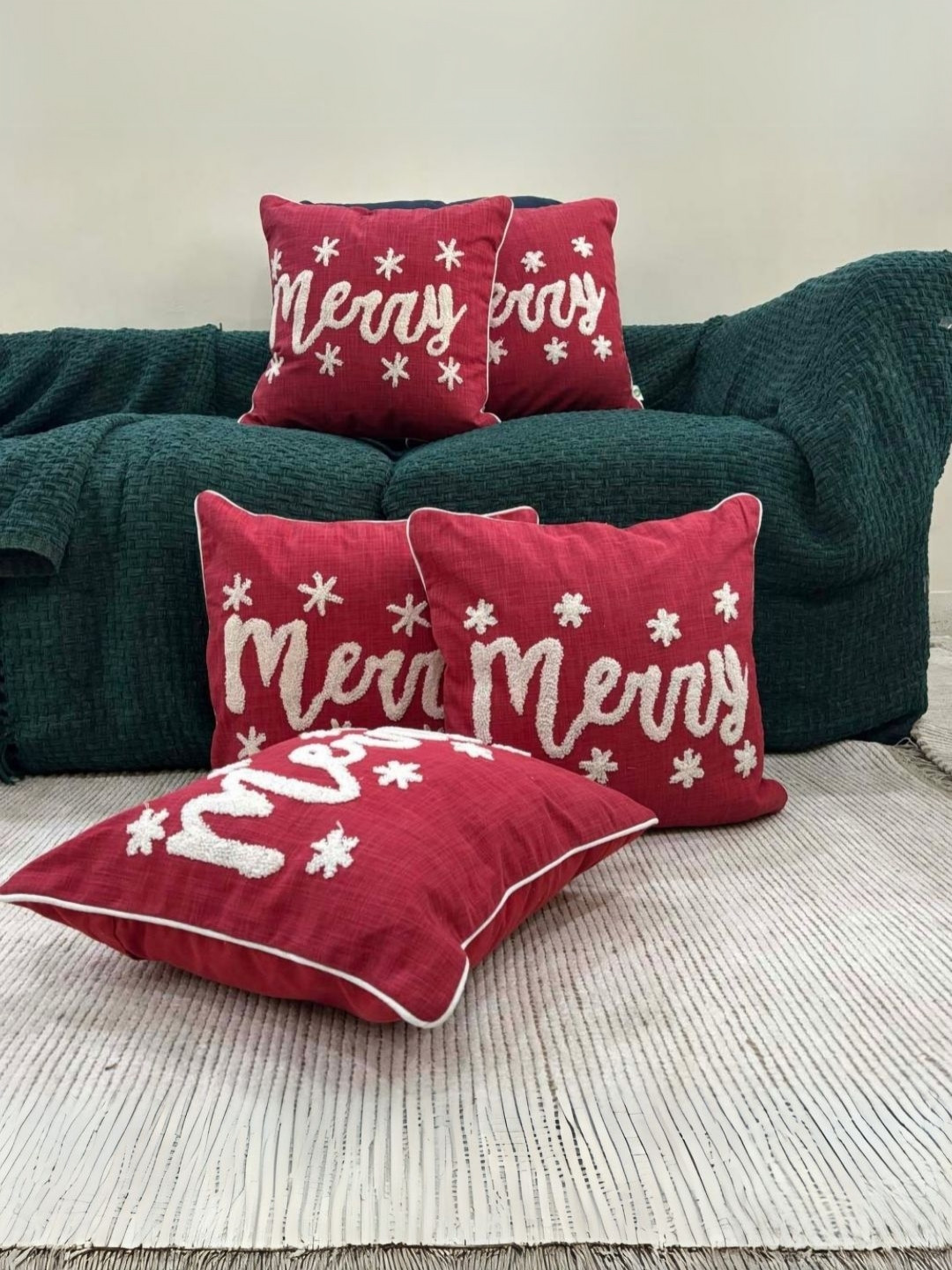 LUSHLYF Red & White 5 Pieces Merry Script Embroidered Cotton Square Cushion Covers
