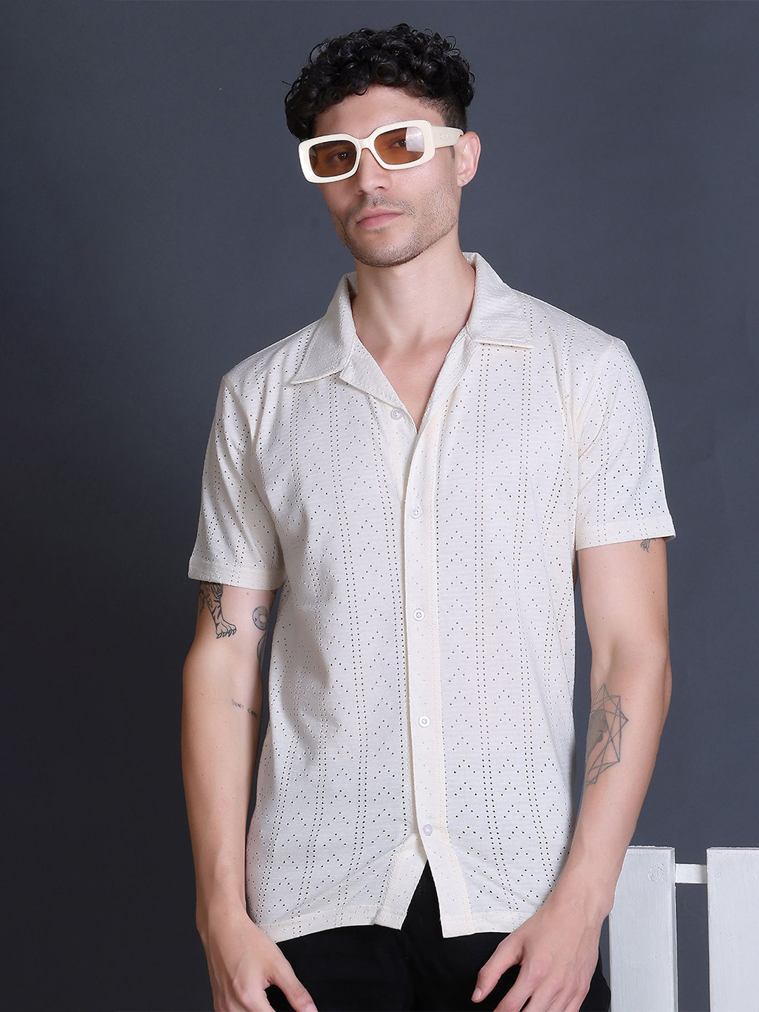 GODFREY Standard Self Design Cuban Collar Pure Cotton Shirt