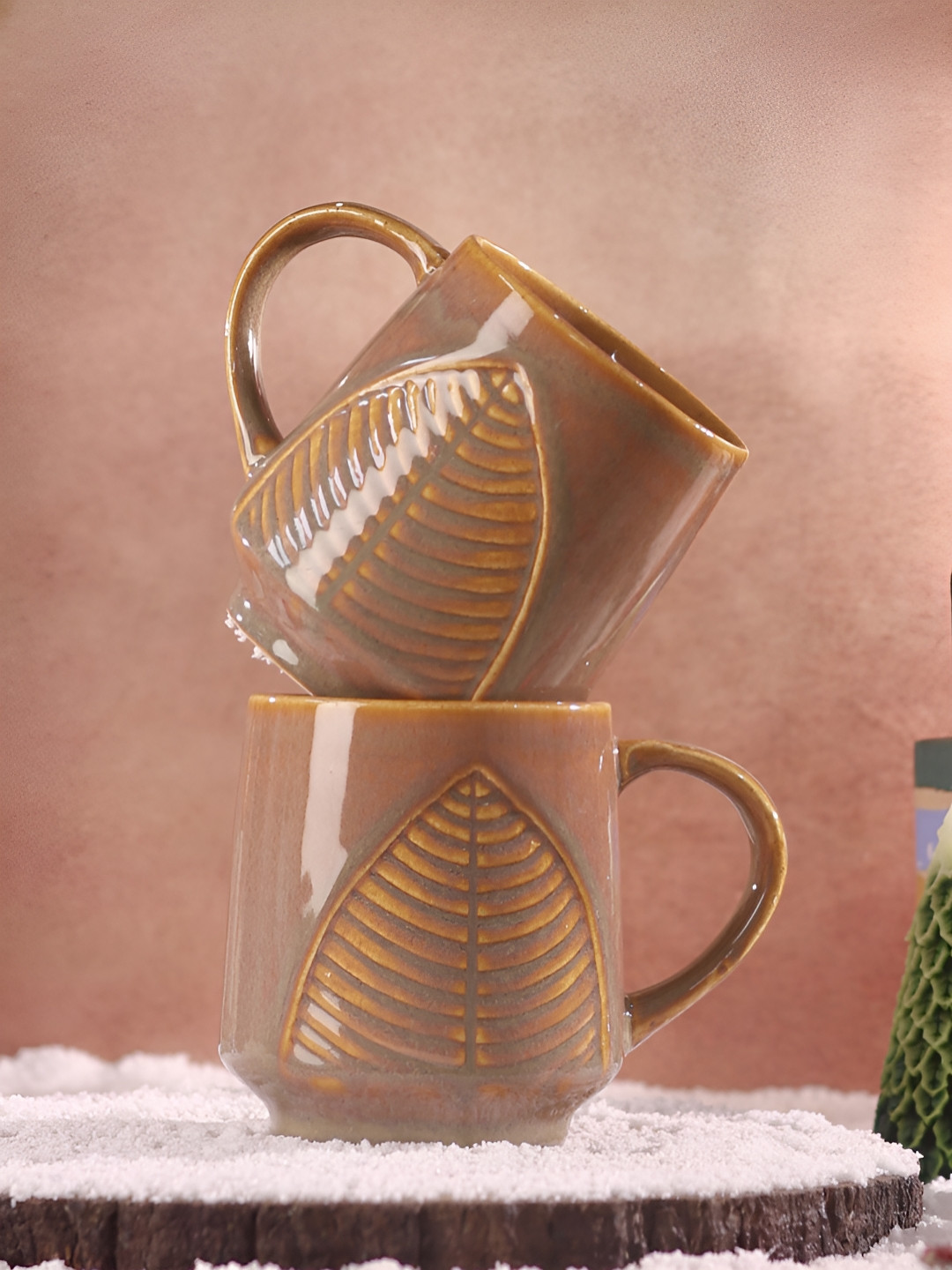 Olive Home Accents Christmas Beige Leaf Stoneware Handmade 2 Piece Mugs-220ml