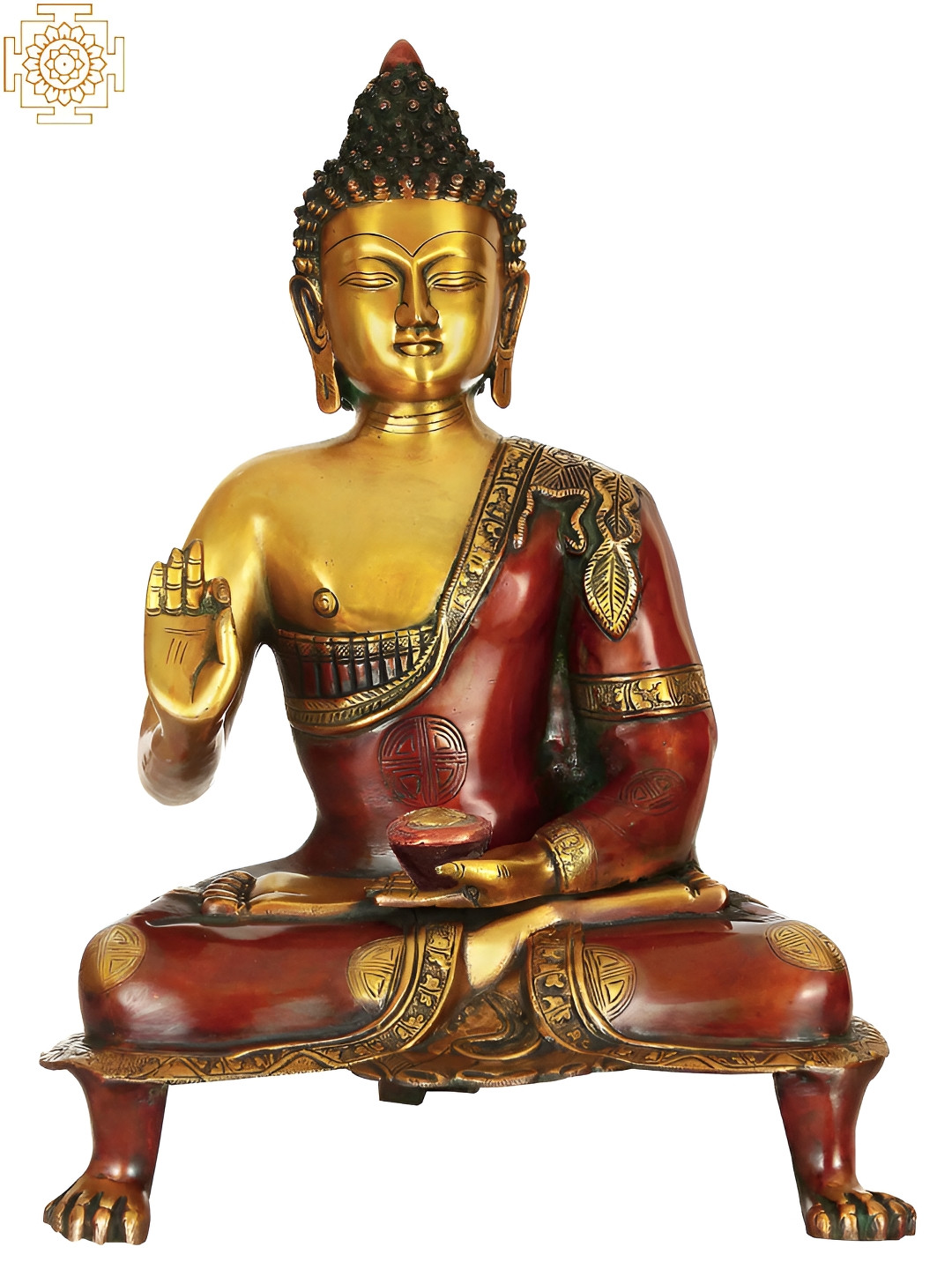 Exotic India Buddha in Vitark Mudra Red Brass Metallic Prayer Room Hand Made Medium Showpiece - 20 Inches