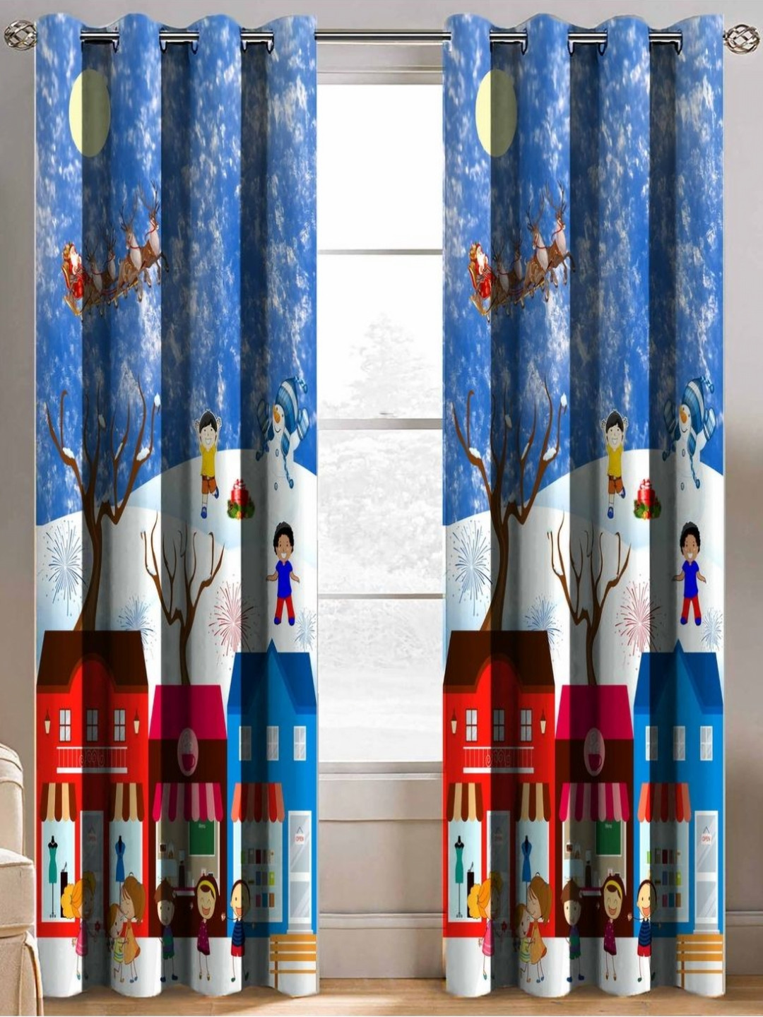 Aura Blue & White  2 Pieces Window Door Curtain