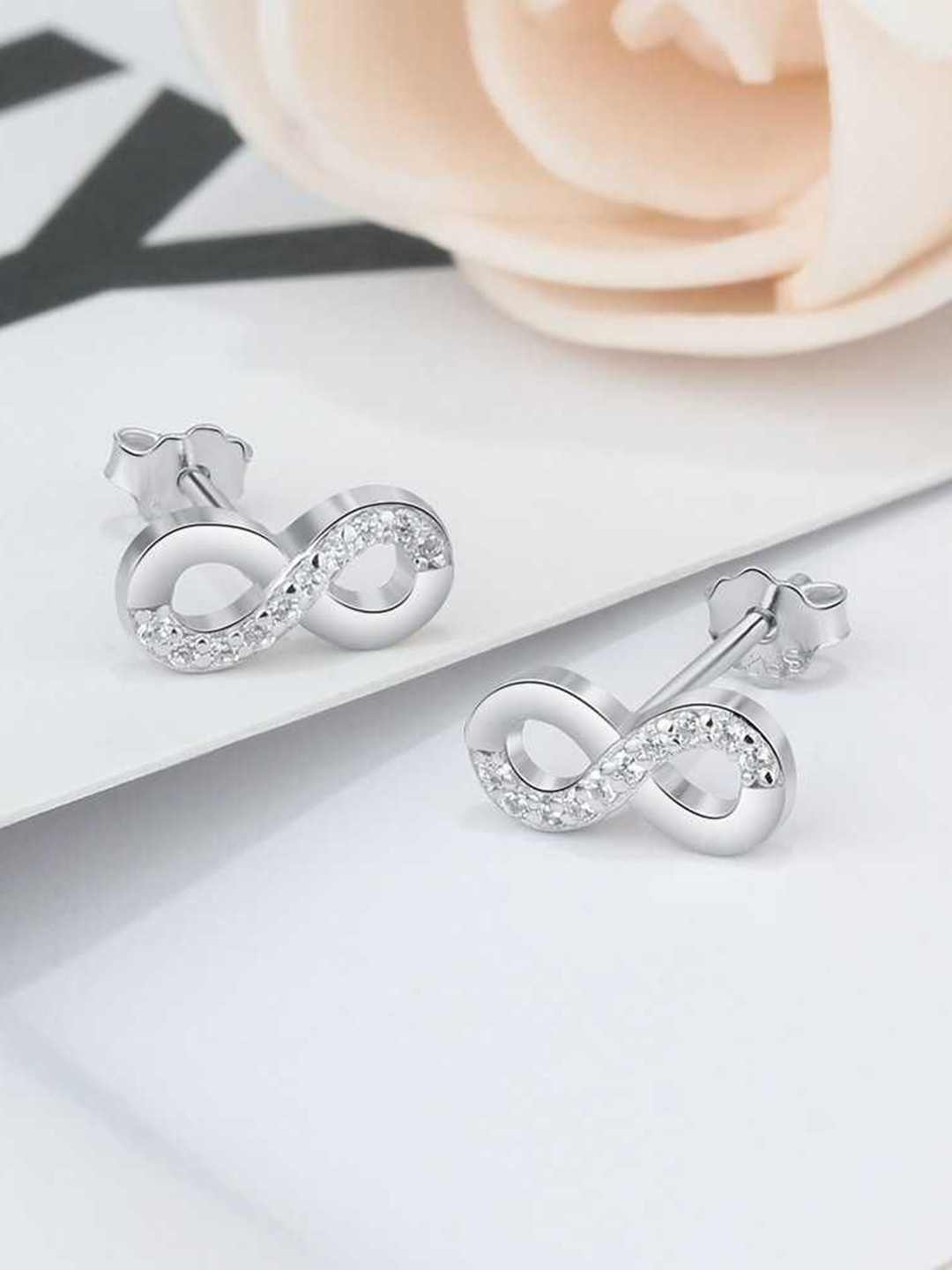 Bling Queen Silver-Plated Cubic Zirconia Studded Infinity Shaped Studs