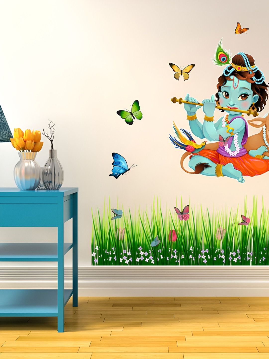 LANSTICK Blue & Yellow Splash-Proof Eco-Friendly God Krishna With Butterflies Wallpaper