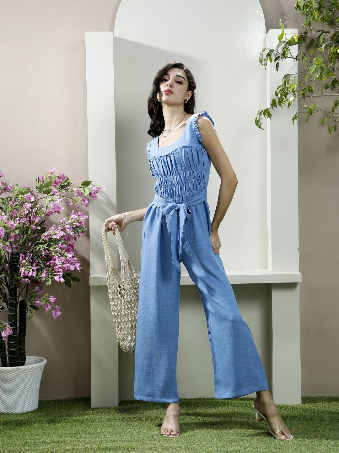 Athena Women Smocking Linen Basic Jumpsuit