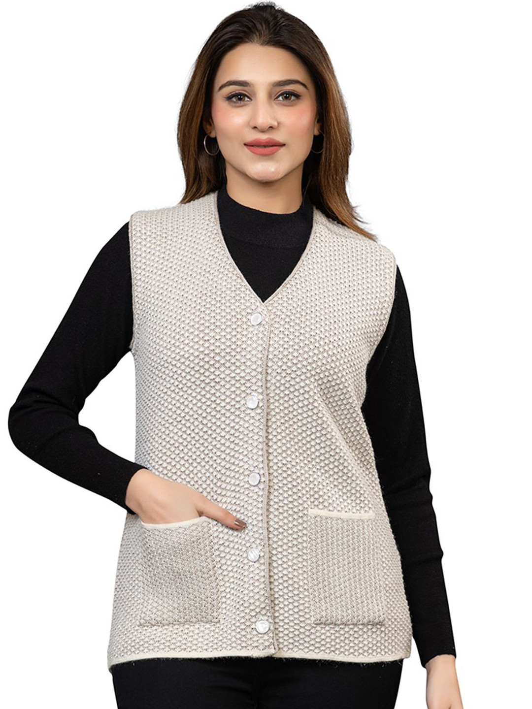 TWENTY ME Women V-Neck Self Design Sleeveless Woollen Cardigan