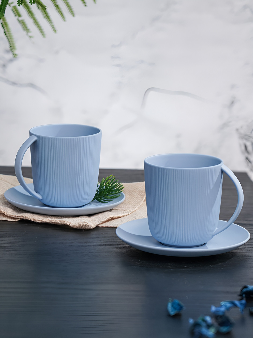 Vola Global LLP Studio Pottery Blue Textured Porcelain Microwave Safe 2 Piece Cup with 2 Saucer-330ml