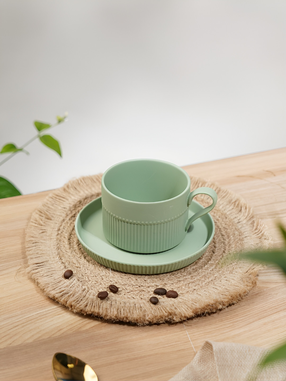 Vola Global LLP Green Textured Porcelain Handmade Cup with Saucer-180ml